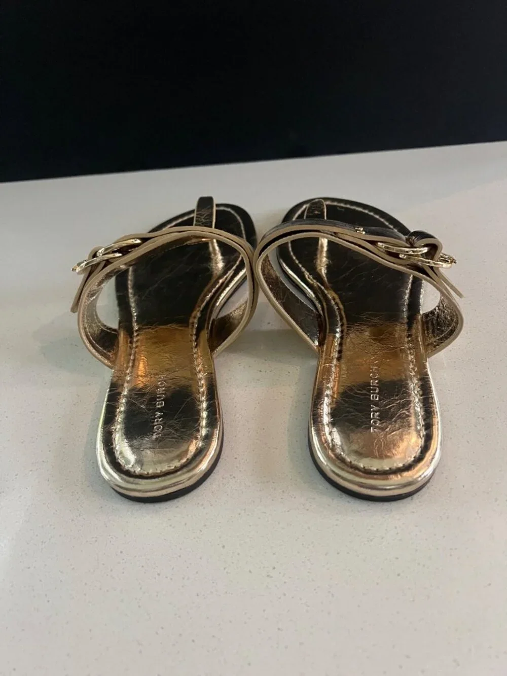 Tory Burch Selby gold Leather Thong Sandals flats slides size 7.5